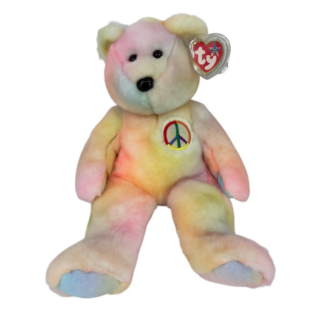 Ty Beanie Buddies Peace Bear Plush Pastel Tie Dye 1999 VTG With Tags 14 Inch